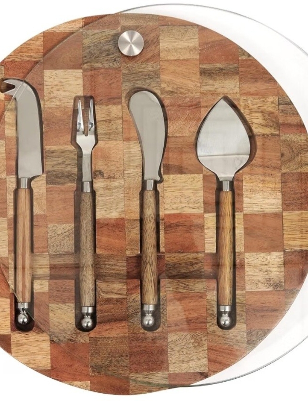 Acacia Wood Handle 4-Piece Cheese Knife Set with Round Serving Board - Brown
